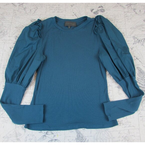 Anthropologie Sunday in Brooklyn Womens Puff Slv ruffle contrast teal top M - Picture 2 of 11